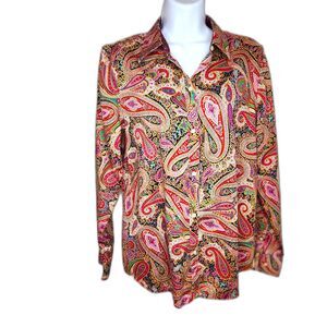 Chaps Button Front Woman's Top Paisley Print Pink Sz. L Cotton Long Sleeves